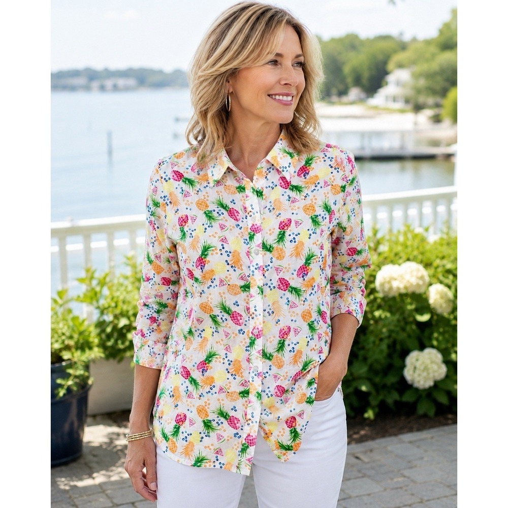 Talbots (PM) Tropical Fruit- Button Down Shirt- Cotton- Vacation Summer Coastal